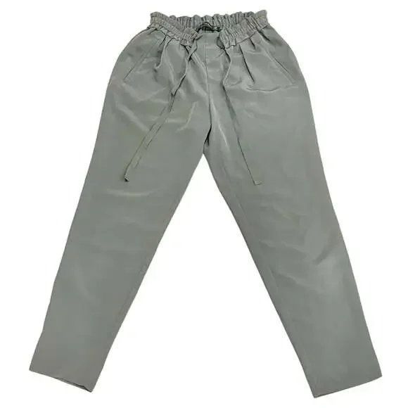 Zara Basic Khaki Green Low Rise Drawstring Paper Bag Waist Tapered AnkleTrousers