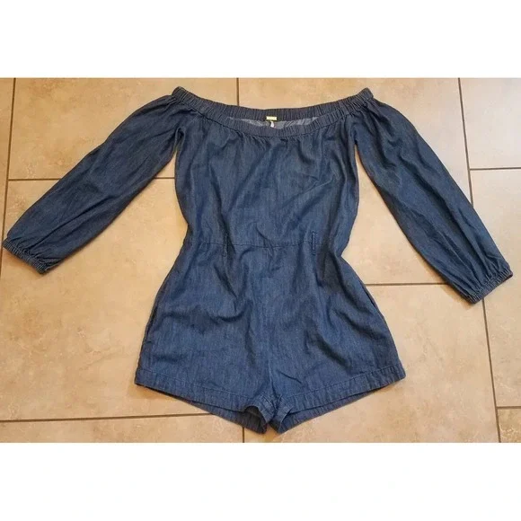 Free People Romper Willlows Off‎ Shoulder Denim Small S Summer Casual No Belt