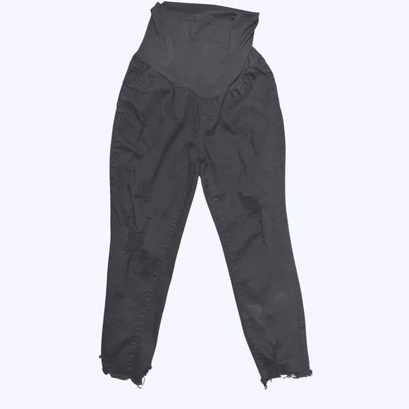 SONG Maternity Pants XL Black Distressed Straight Ankle Over Belly Frayed Hems