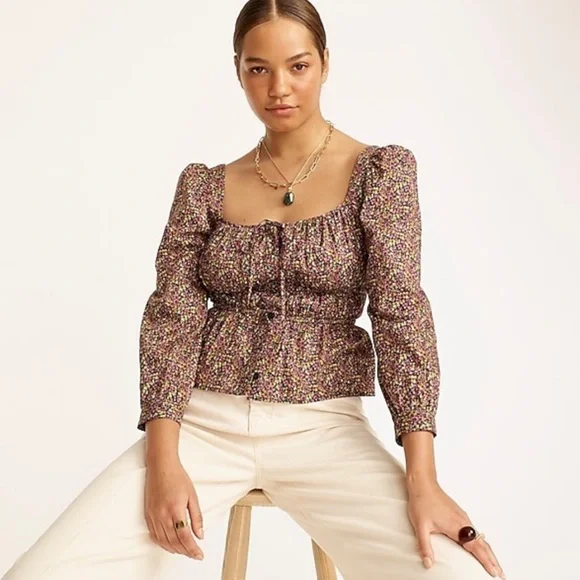 J. Crew Cinched Waist Liberty Busy Izzy Print Organic Cotton Top