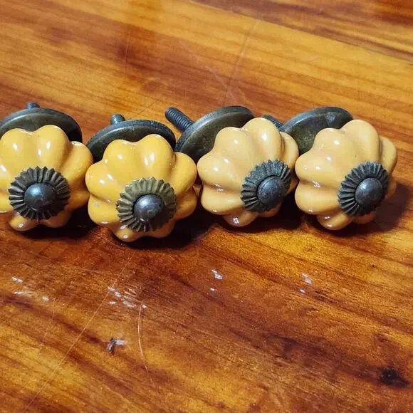 4 Light Orange Ceramic Melon Knobs Vtg Drawer Pulls Cabinet DIY Dresser Vanity