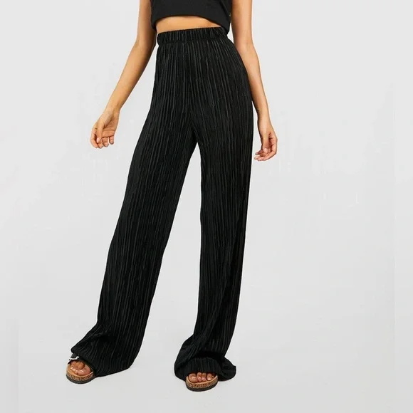 Black Flowy Boho Wide Leg Ribbed Pants - Size Small