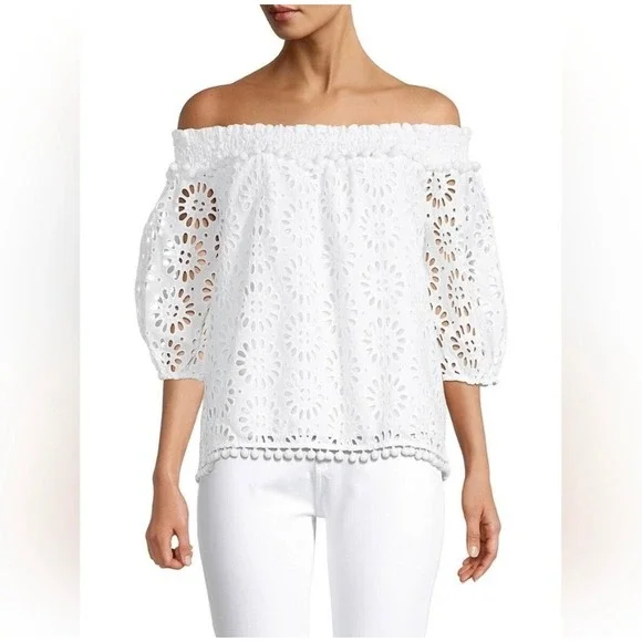 Lilly Pulitzer Raylee‎ Top White Eyelet Boho Off Shoulder Beachy Size XS