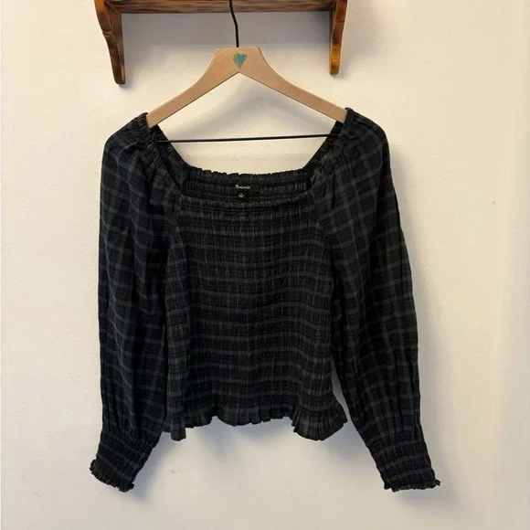 Madewell Lucie Smocked Bubble Sleeve Plaid Top Small