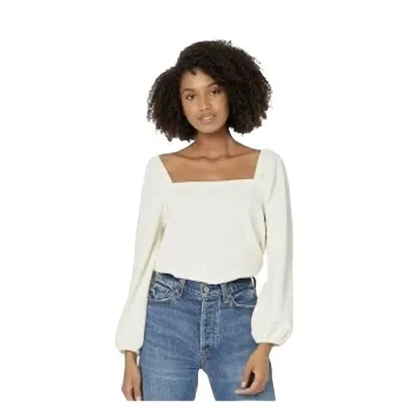 Madewell Women's 4X Plus Size Crepe Square Neck Puff Sleeve Top Cream‎ Read