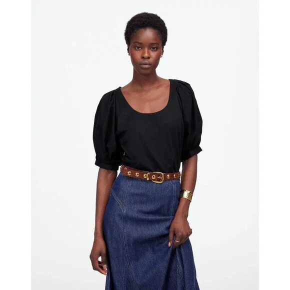 MADEWELL Relaxed Scoopneck Short Puff Sleeve Top L True Black Office NWT B80