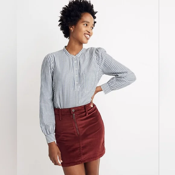 Madewell Puff-Sleeve Popover Shirt in Railroad Stripe Women's Size S