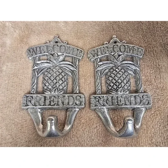 Set of 2 Welcome Friends Pineapple Wall Hooks Silver Cast Metal Tropical Decor