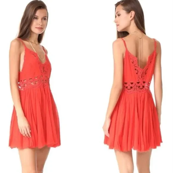 FREE PEOPLE Red-Orange Ilektra Mini Dress Cotton