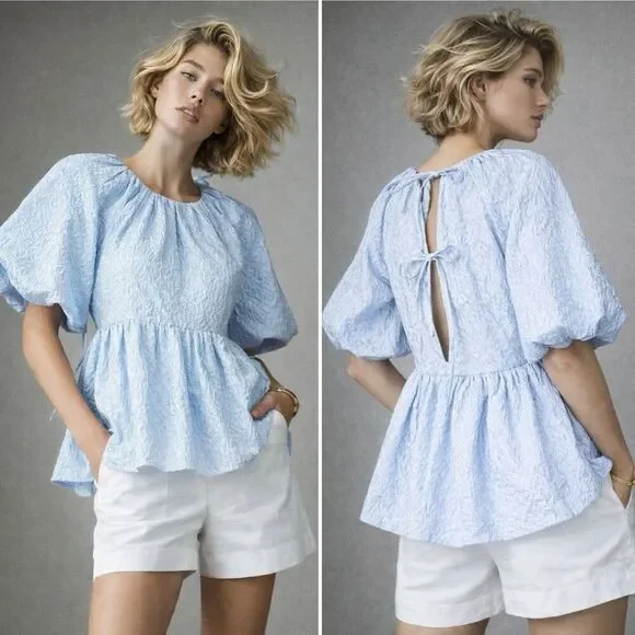 Tuckernuck Hyacinth House Julia Jacquard Puff Sleeve Babydoll Top S  Preppy Blue