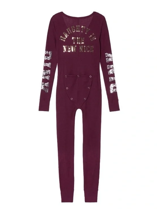 PINK Victoria’s Secret One Piece Thermal Pajama Burgundy Bling Logo Size S
