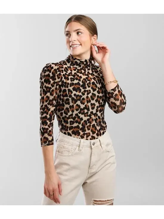 Free People Women's Gather Leopard Turtleneck Mesh Top Sz XS Animal Print