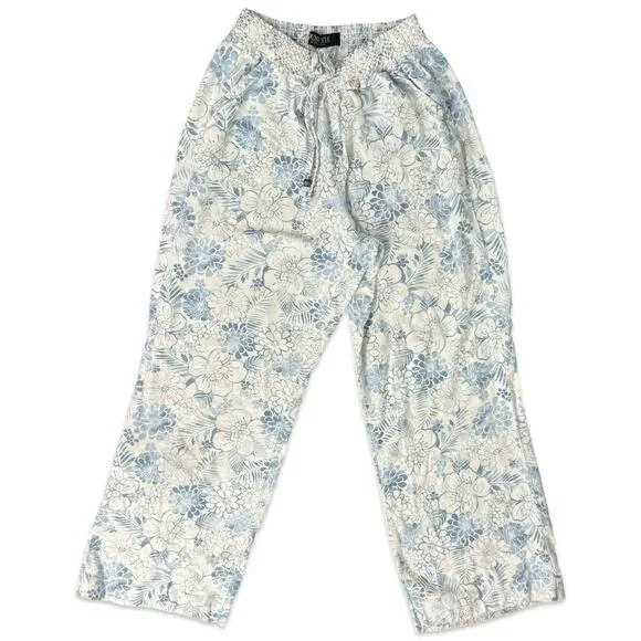 Beau Dawson Blue White Floral Linen Blend Wide Leg Tie Front Pants size L 10 12