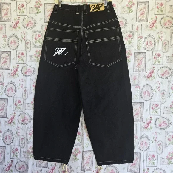 Y2K Black Baggy‎ Jeans Wide Leg Contrast Stitch Embroidered Gone Logo Size Small