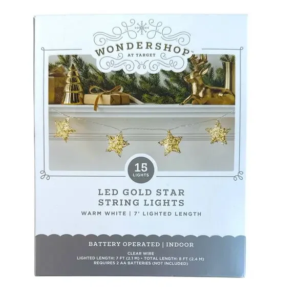 LED Gold Star String Lights 15ct Warm White Battery Operated Indoor NEW