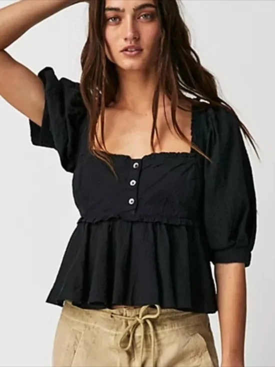 Free People Black Peplum Puff-Sleeve Button-Front Top