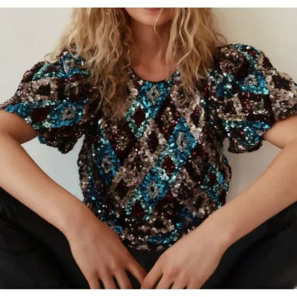 Nwt - Tuckernuck - S - Pomander Place Multi‎ Sequin Jada Blouse Blue