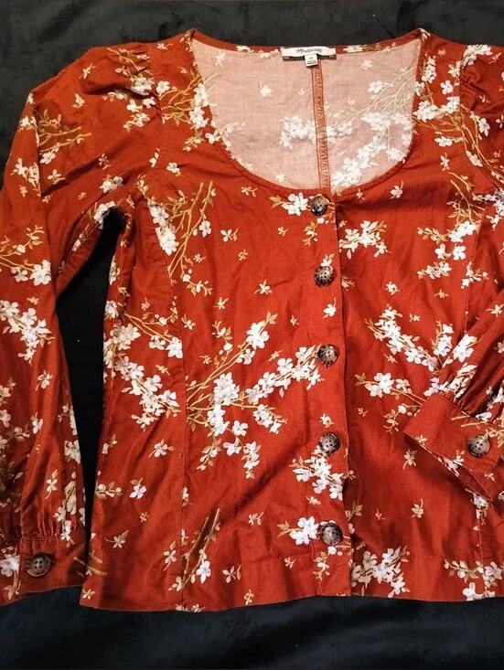 Madewell Rust Orange Floral 100% Cotton Corduroy Button Down Puffy Sleeve Top XS