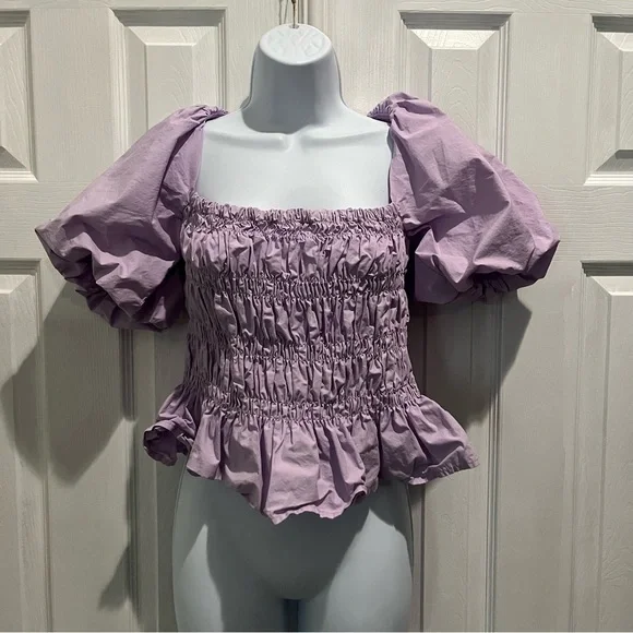 Astr Purple Princess Puff Sleeve corset waist Smocked‎ whimsical Blouse M