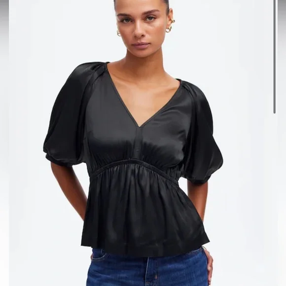 Madewell Shirt - black “Shirred Puff-Sleeve Top in Satin”