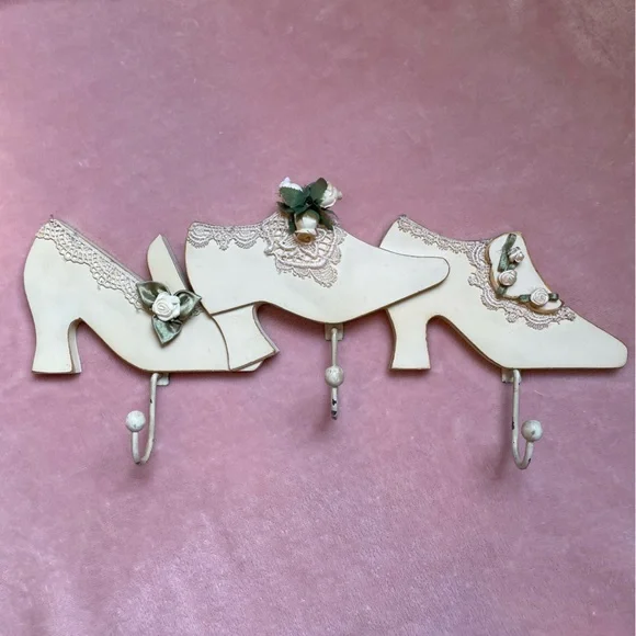 Vintage High Heels Wall Hooks Cream Color with Lace and Silk Roses Distressed