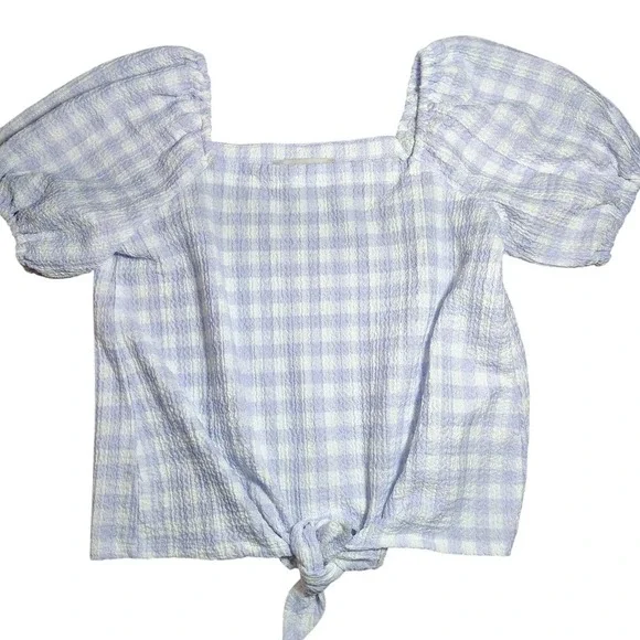 LOFT Women Square Neck Gingham Puff Sleeve Tie Front Top S farmhouse