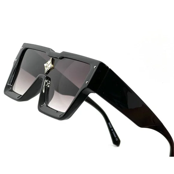 Square Sunglasses Women Men Flat Top Fashion Shades Star Accent Black Lens Gafas