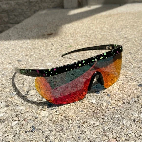 1980s Retro Neon Paint Splatter Wrap Shield Sunglasses Red Mirrored Lens Rave