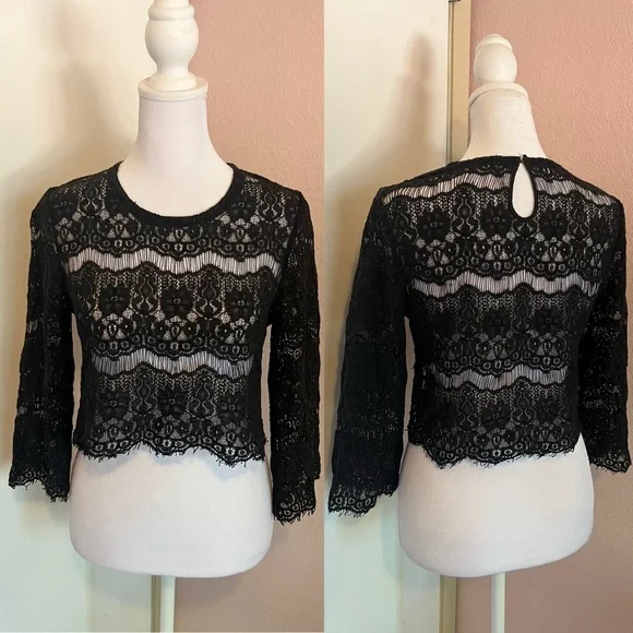 Free People Black Lace Knit Floral Crop Top