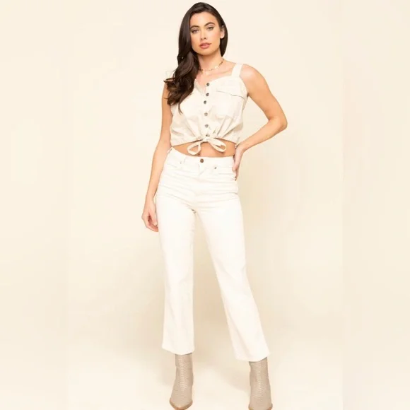 FREE PEOPLE We The Free Palm Desert Cream Denim Crop Top Tank Size XS