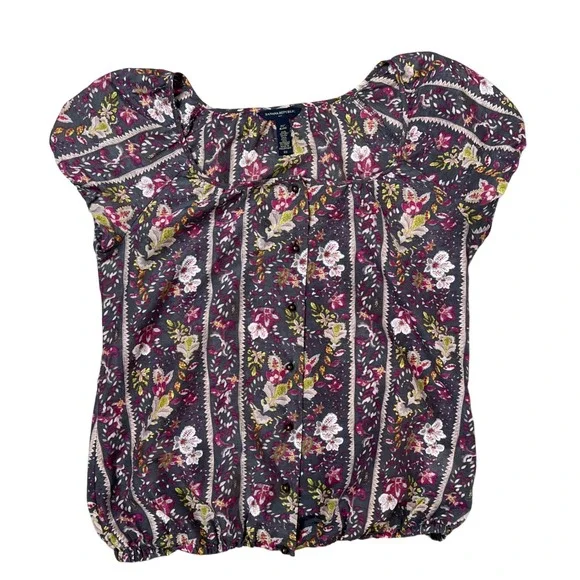 Banana Republic Silk Blend Floral Boho Square Neck Puff Sleeve Blouse XS Purple