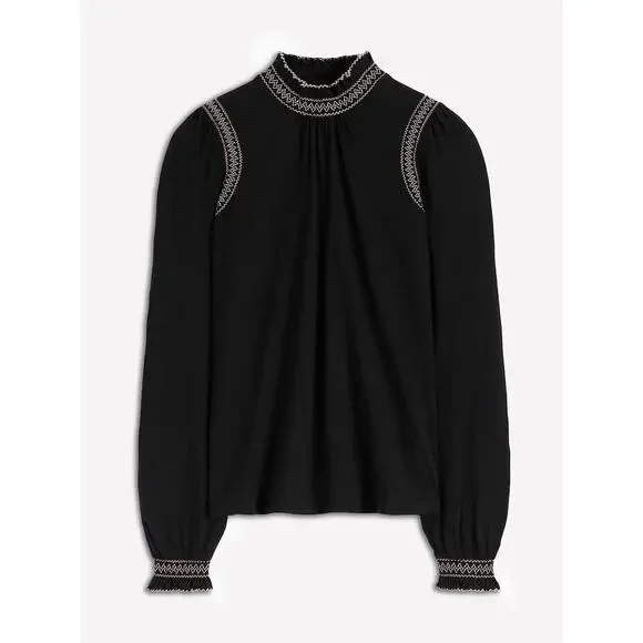 BODEN | Tia Smocked Neck Jersey Top Black Embroidered Mock Neck | Size 6