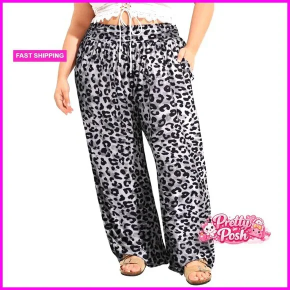 Polyester Wide Leg Palazzo Pants with Elastic Waist and Pockets