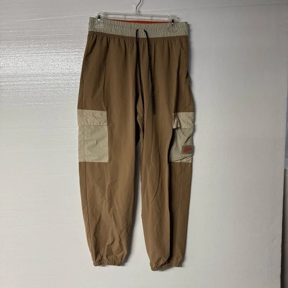 Nike Sportswear Cargo Pants Women Small Woven Beige Mid Rise Logo Drawstring