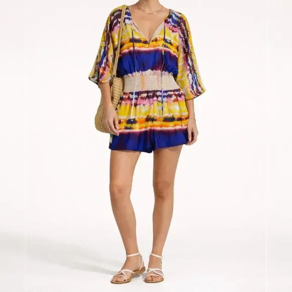 Halston Heritage Resort Vacation Silk Romper 2 Abstract Stripe Smocked Colorful‎