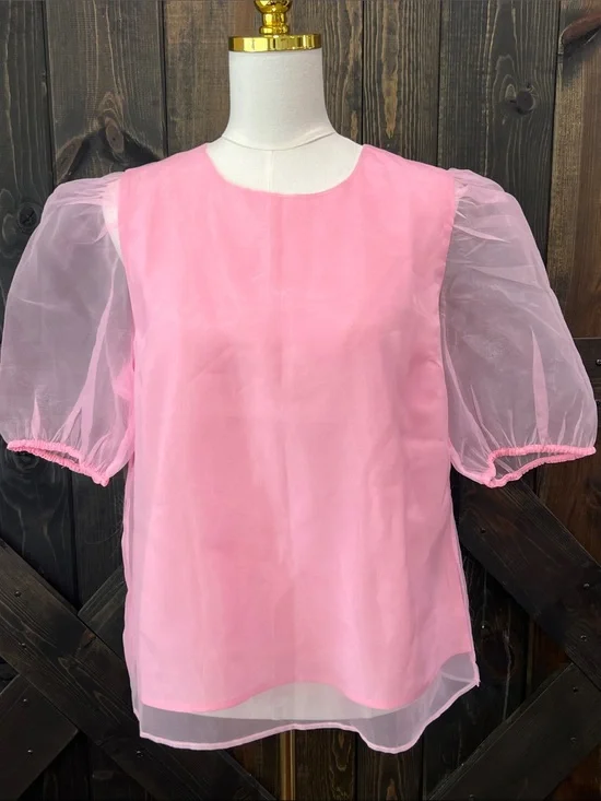 Tuckernuck Hyacinth House Tulle Top L Pink Sheer Puff Sleeve Sheer Preppy Girly