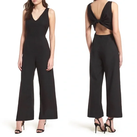 Leith Linen Blend Cut Out Tie Back Wide Leg Sleeveless Black Jumpsuit size S