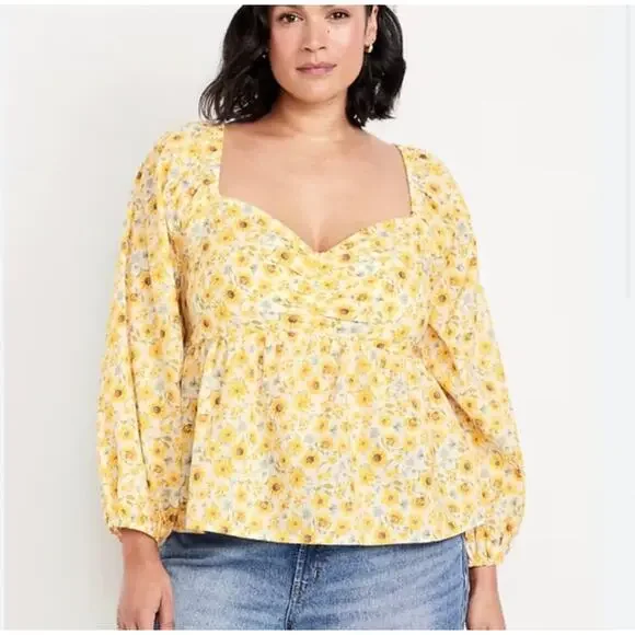 NWT Old Navy‎ Cotton Sunflower Print Babydoll Peasant Top Smocked 2X Blouse Plus