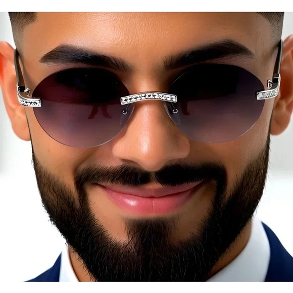 Rhinestone Rimless Sunglasses‎ Round Lens Fashion Shades Designer Style Elegant