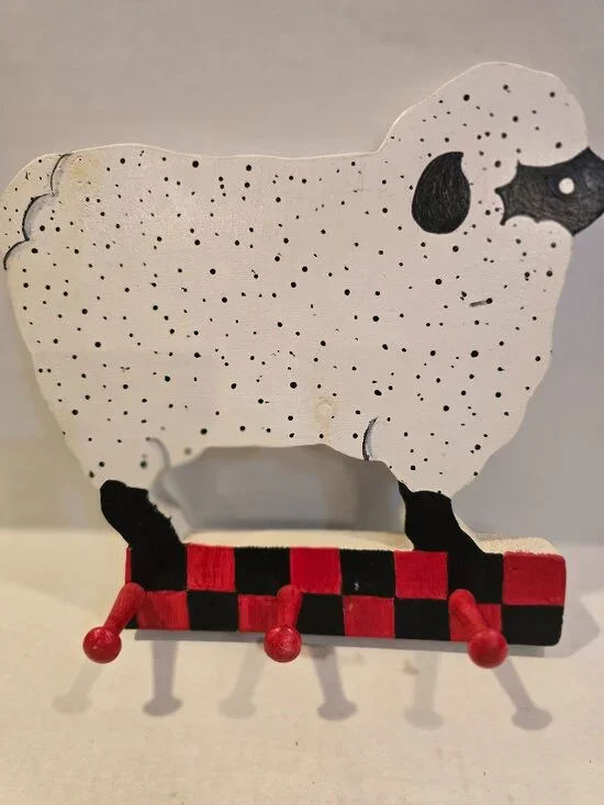 Hand-painted Wood Sheep Peg Wall Hanging White Black Red Primitive Art 8.5