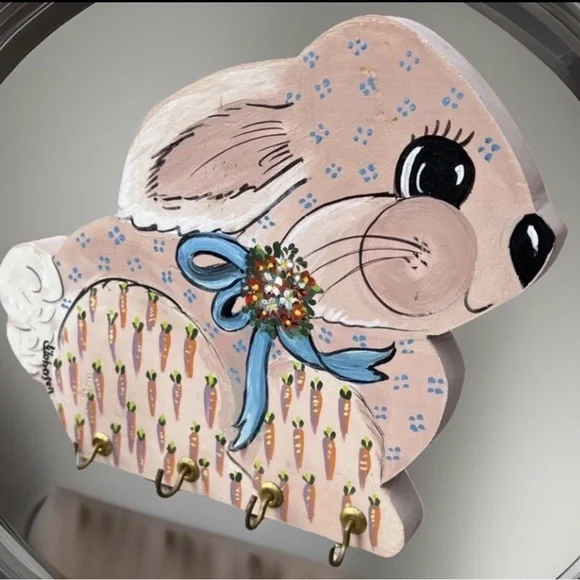 Adorable Wooden Bunny Wall Hook Rack – 4 Hooks, Hand-Painted, 9” Rustic Decor