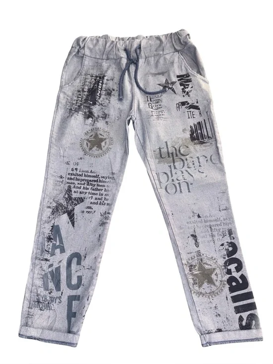 Bella Amore Made in Italy Cropped Graphic Jogger Pants Gray Stretch Size L
