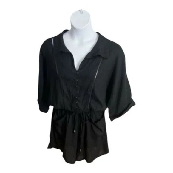 Black Linen Button Up Romper Plus Size 2X Tie Waist Short Sleeve Pockets Summer