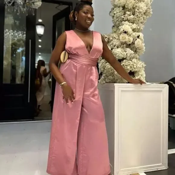 Express Size S Semi Formal Satin Jumpsuit Blush Pink Bow Tie Back Feminine New
