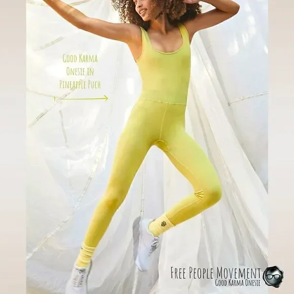 FP MOVEMENT GOOD KARMA ONESIE IN PINEAPPLE PUNCH GREEN-YELLOW SIZE MED/LARGE
