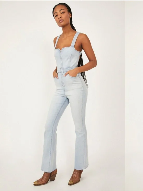 We The Free by Free People 2nd Ave Denim Jumpsuit Light Blue Size 0