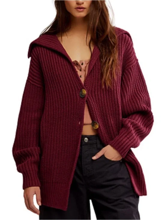 Free People Wine Ribbed Button-Front Cardigan
