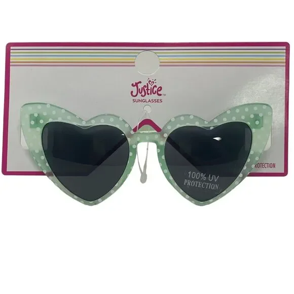 Justice Sunglasses Girls Green Polka Dot Cat Eye Heart Shape 100% UV Protection