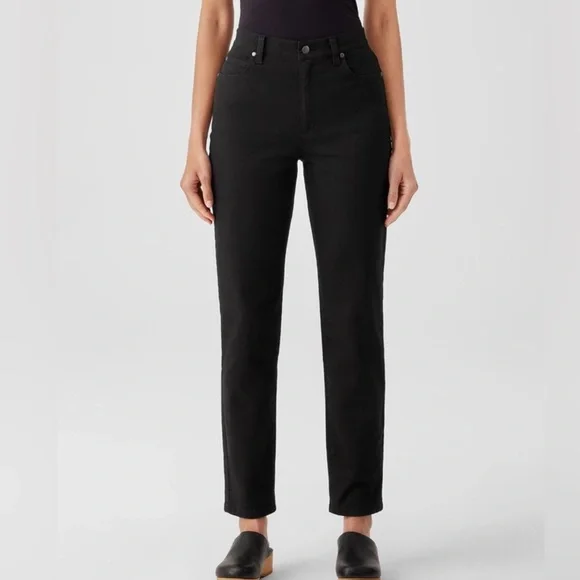 Eileen Fisher Large High Waist Slim Straight Jeans Organic Cotton Black Office
