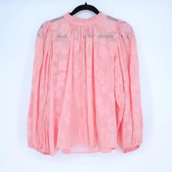 ULLA JOHNSON Sandrine Blouse Pink Floral Jacquard Long Sleeve Women's 10